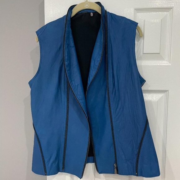 Elie Tahari size L Blue Lamb Leather moto vest w/zippers - Picture 2 of 3